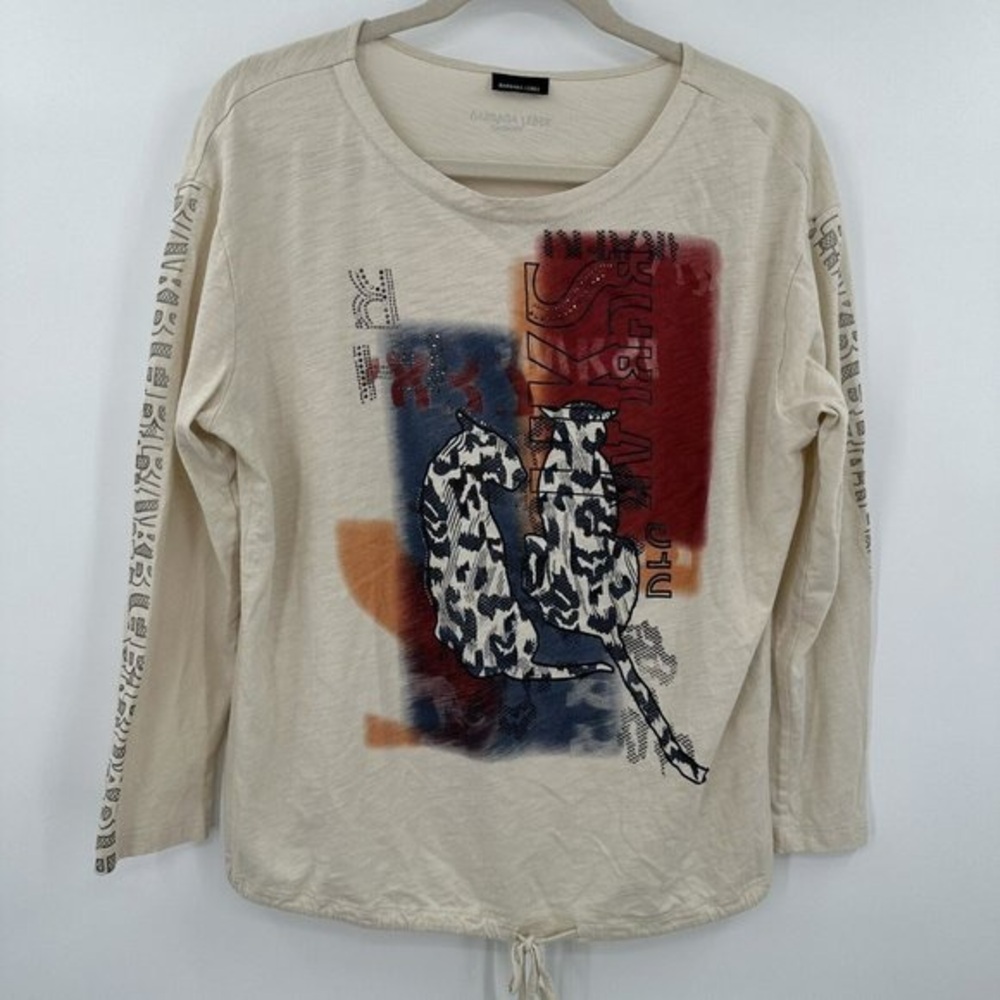 Beige Long-Sleeve Graphic Tee with Leopard Motif